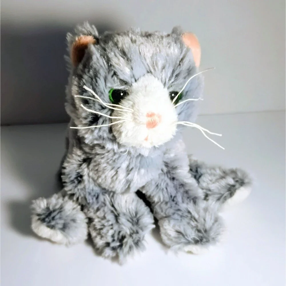 Webkinz Silversoft Cat Plush HM222 NO Code Gray White Green Eyes 8”
